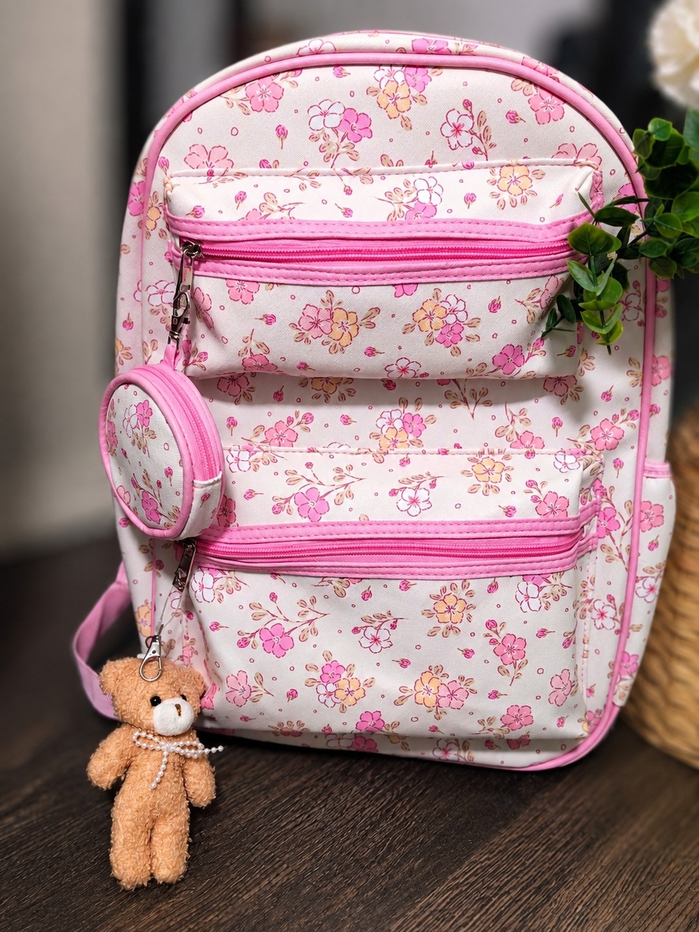 Kids Floral Pink Backpack with Teddy Charm